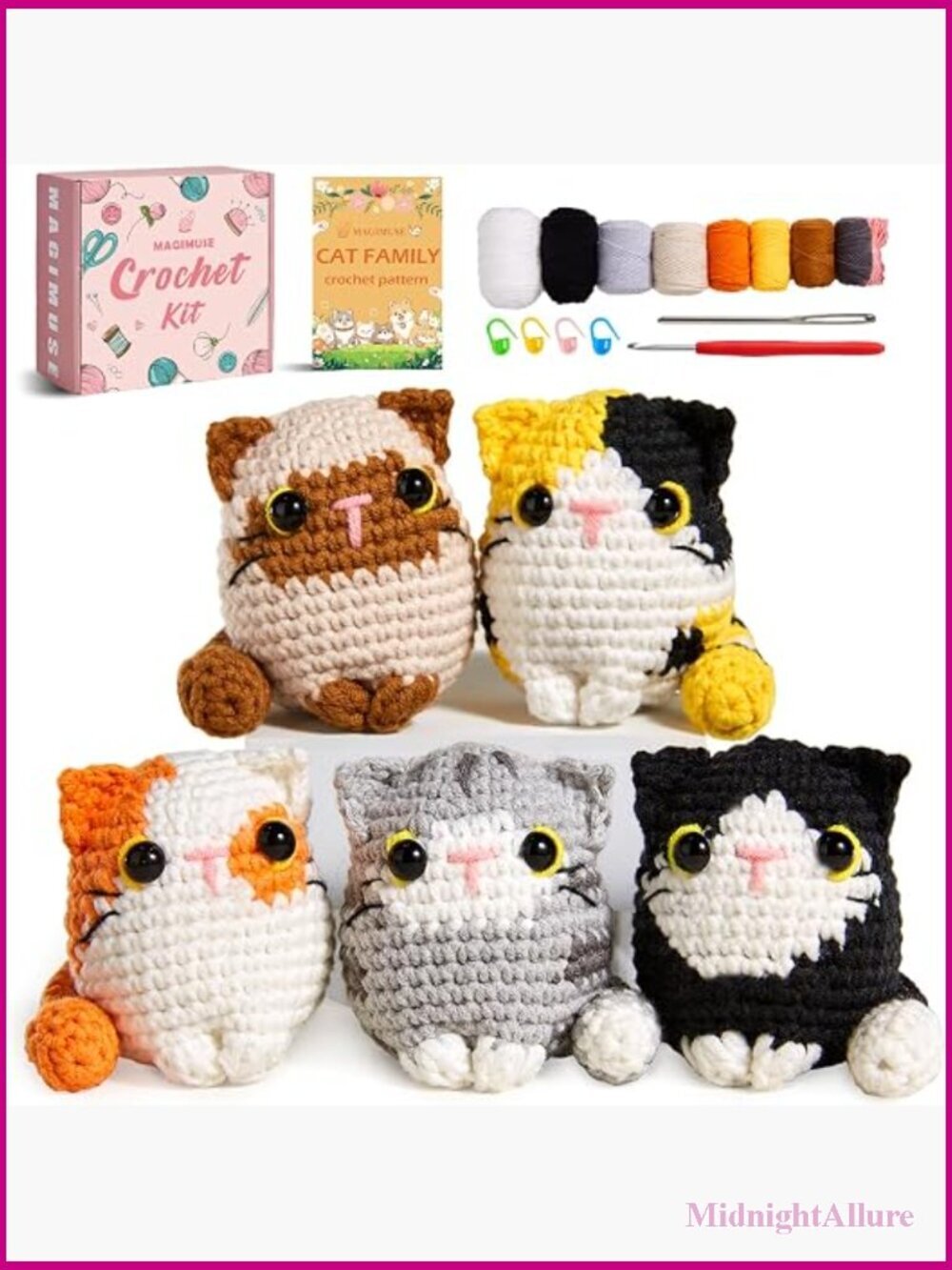 DIY Crochet Kit for Beginners with Video Tutorials, Amigurumi Cat Craft, 5 Pack